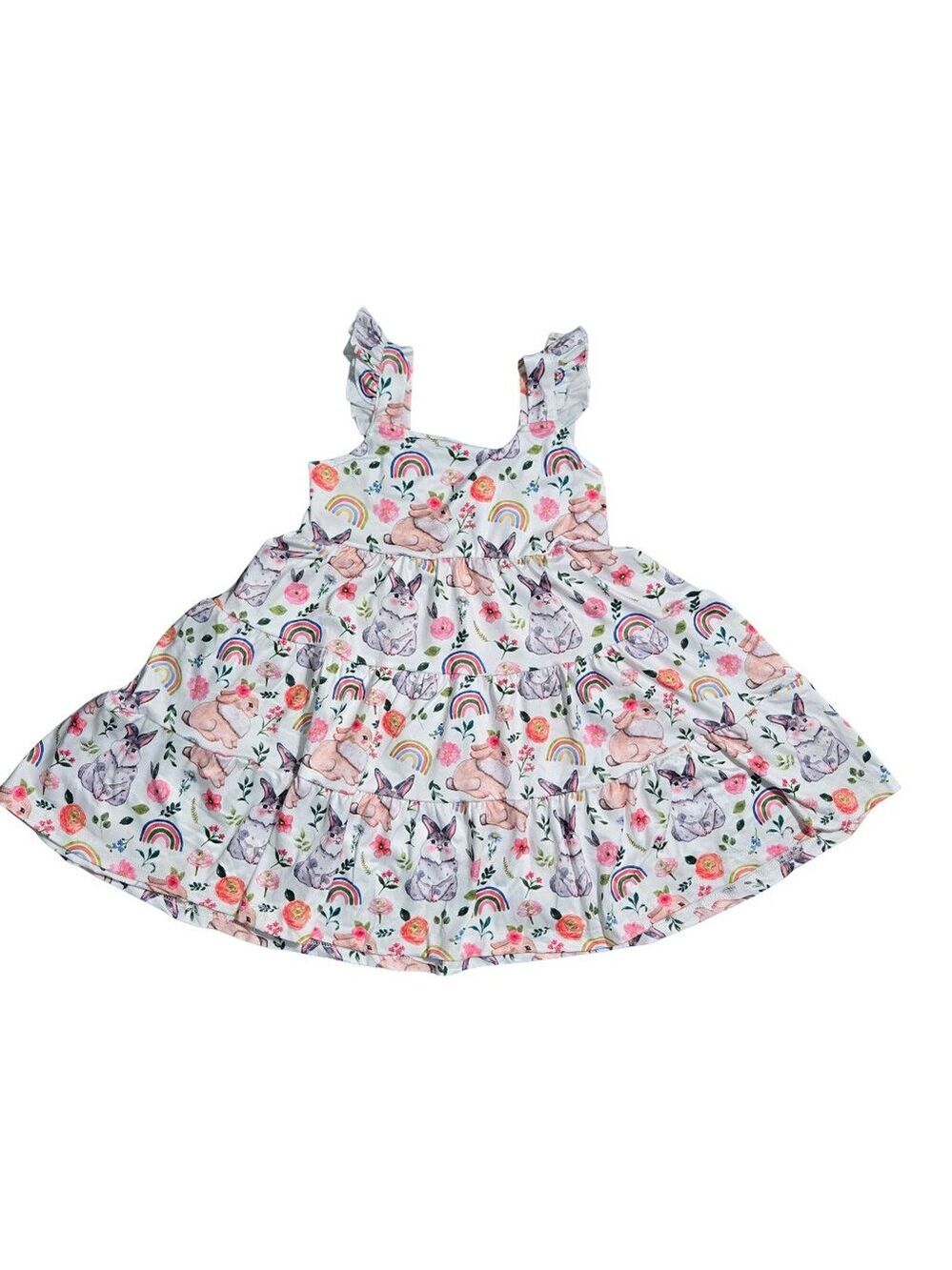 NWOT | Bunny & Rainbow Print Tiered Garden Dress | Floral | Ruffle | 4-5Y